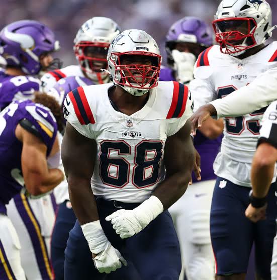 Client, New England Patriots number 68, celebrating against Minnesota